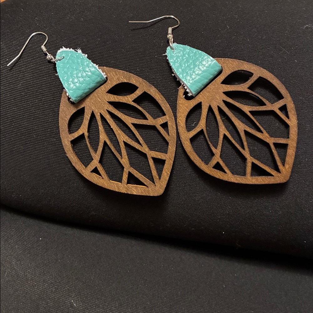 NEW Leaf Design Wooden Earrings with Genuine leather Accents